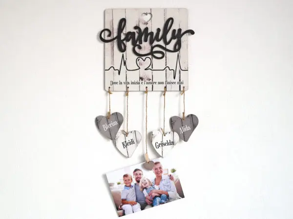 Targhetta Family con Battito Cuore - Idea Regalo per Famiglia Personalizzabile